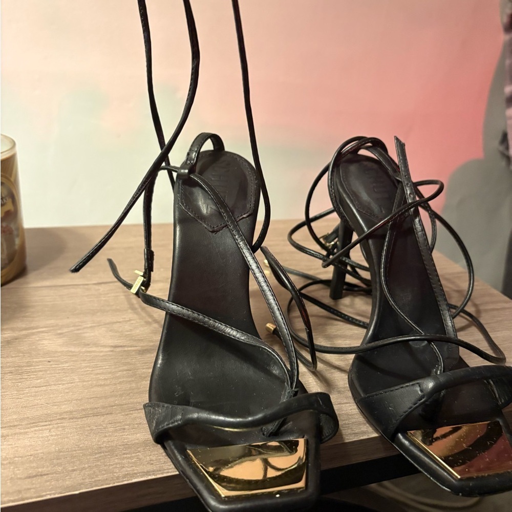 SCHUTZ Black and Gold Heeled Sandals - Picture 1 of 4